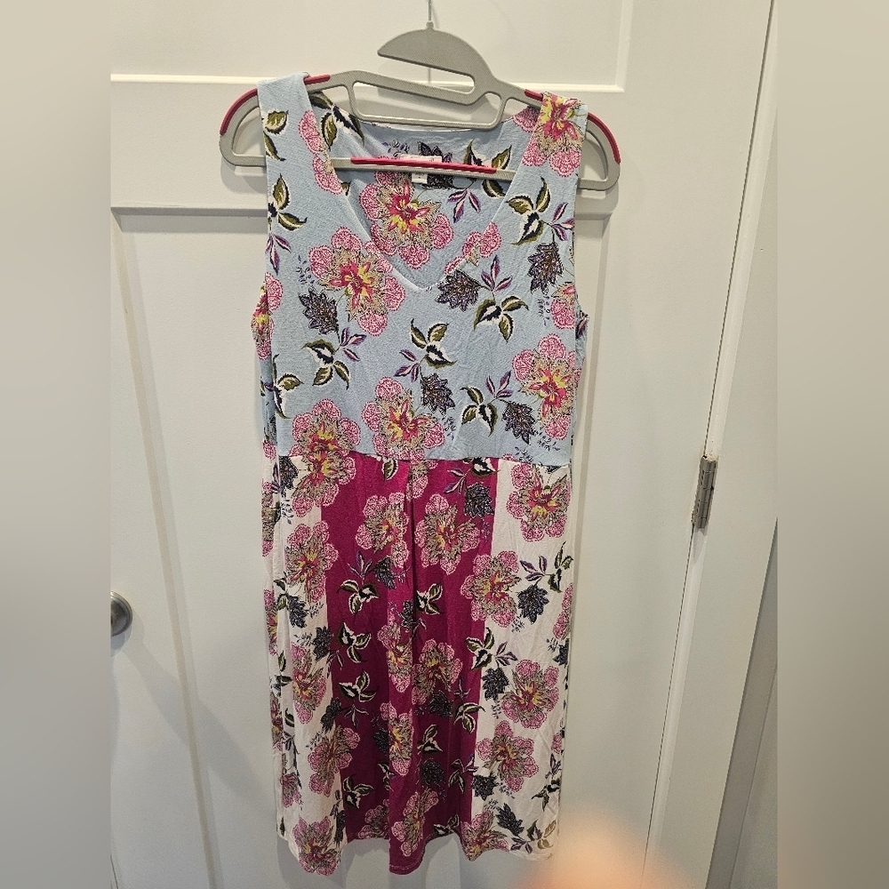 J. Jill Floral Colorblock Sleeveless Knit Dress Women’s Small – Blue Wine Ivory